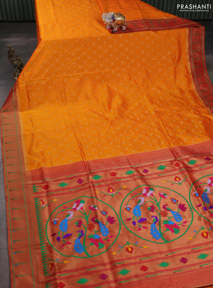 Pure paithani silk saree mango yellow and red with allover zari checks & buttas and zari woven muniya butta border