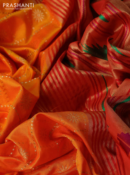 Pure paithani silk saree mango yellow and red with allover zari checks & buttas and zari woven muniya butta border