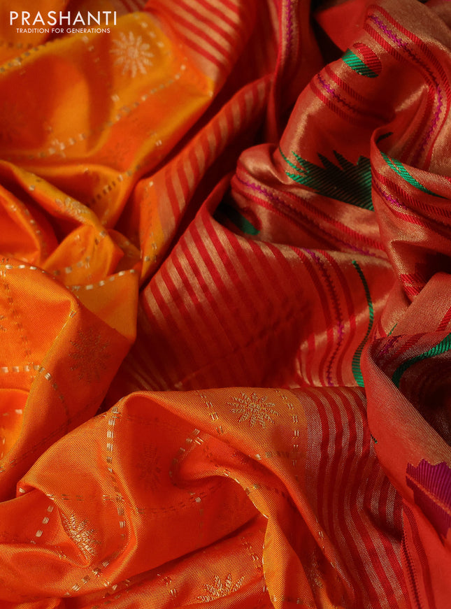 Pure paithani silk saree mango yellow and red with allover zari checks & buttas and zari woven muniya butta border