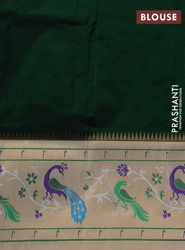 Pure paithani silk saree bottle green and beige with allover zari woven floral buttas and peacock design paithani weaving pallu