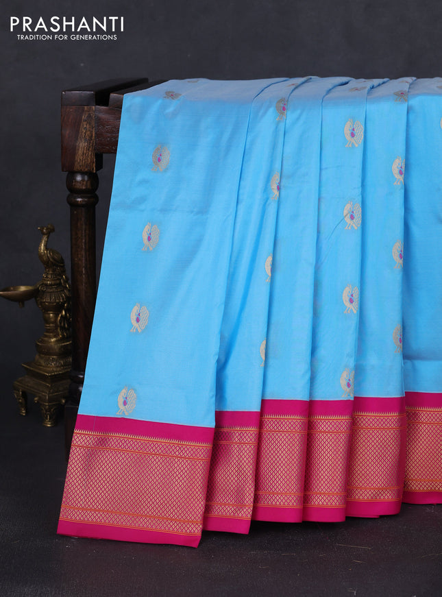 Pure paithani silk saree light blue and pink with allover annam zari woven buttas and paithani weaving pallu