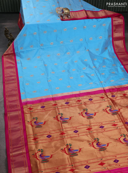 Pure paithani silk saree light blue and pink with allover annam zari woven buttas and paithani weaving pallu