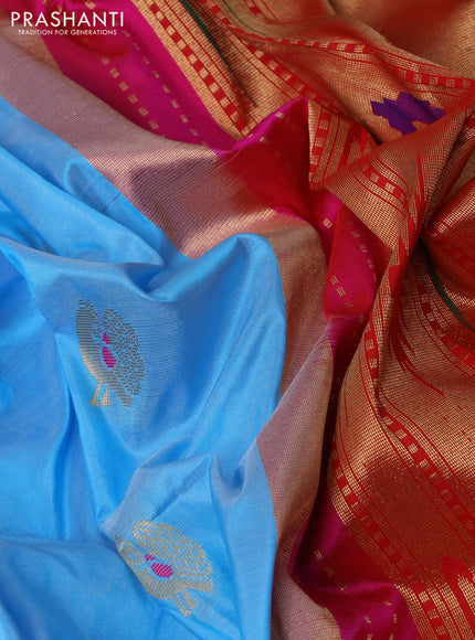 Pure paithani silk saree light blue and pink with allover annam zari woven buttas and paithani weaving pallu