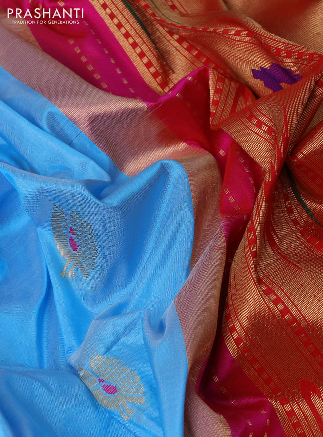Pure paithani silk saree light blue and pink with allover annam zari woven buttas and paithani weaving pallu