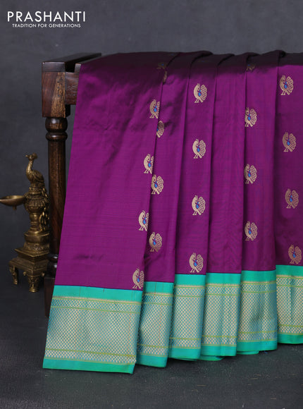 Pure paithani silk saree purple and dual shade of green with allover annam zari woven buttas and paithani weaving pallu