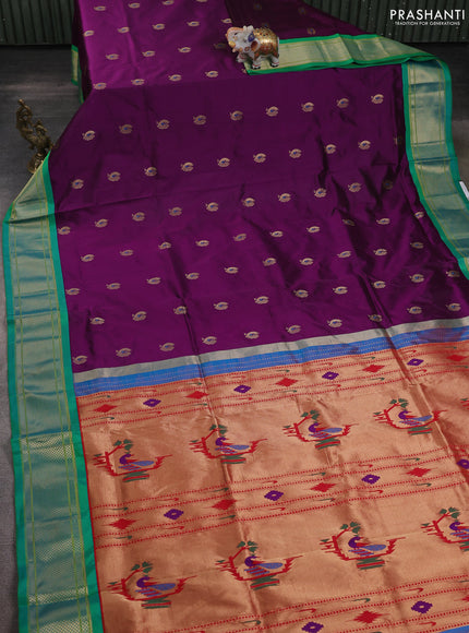 Pure paithani silk saree purple and dual shade of green with allover annam zari woven buttas and paithani weaving pallu