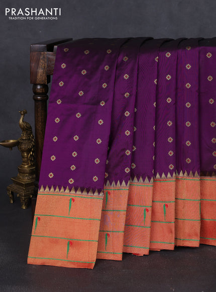 Pure paithani silk saree purple and red with allover zari woven floral buttas and zari woven muniya butta border