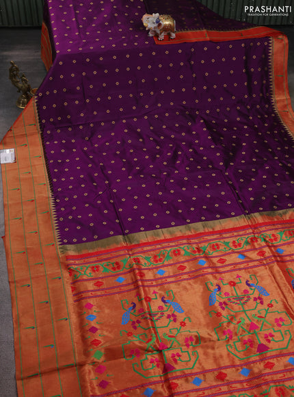 Pure paithani silk saree purple and red with allover zari woven floral buttas and zari woven muniya butta border