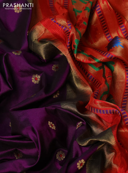 Pure paithani silk saree purple and red with allover zari woven floral buttas and zari woven muniya butta border