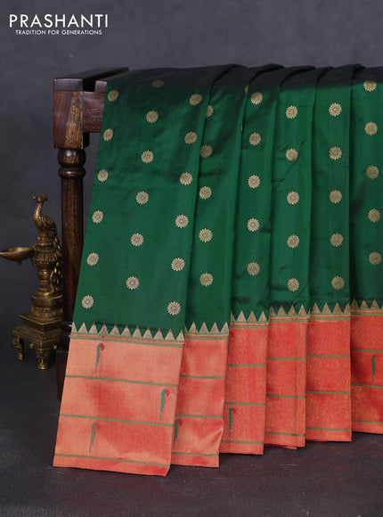 Pure paithani silk saree dark green and red with allover zari woven floral buttas and zari woven muniya butta border