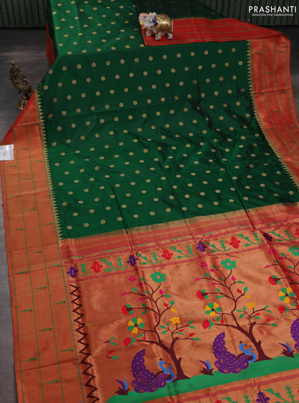 Pure paithani silk saree dark green and red with allover zari woven floral buttas and zari woven muniya butta border