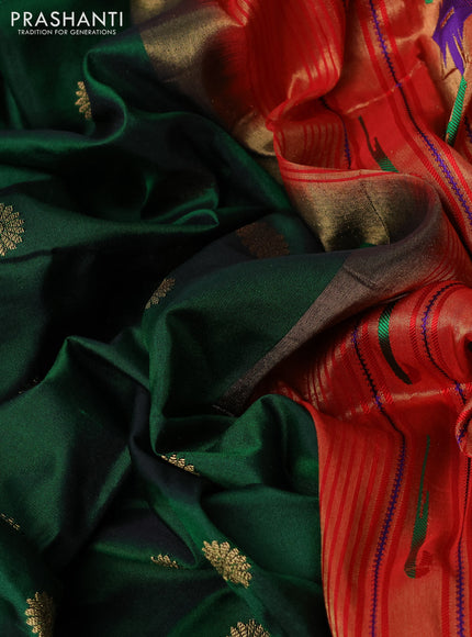 Pure paithani silk saree dark green and red with allover zari woven floral buttas and zari woven muniya butta border