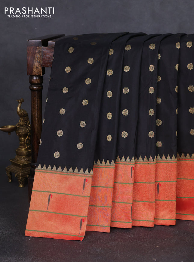 Pure paithani silk saree black and red with allover zari woven floral buttas and zari woven muniya butta border