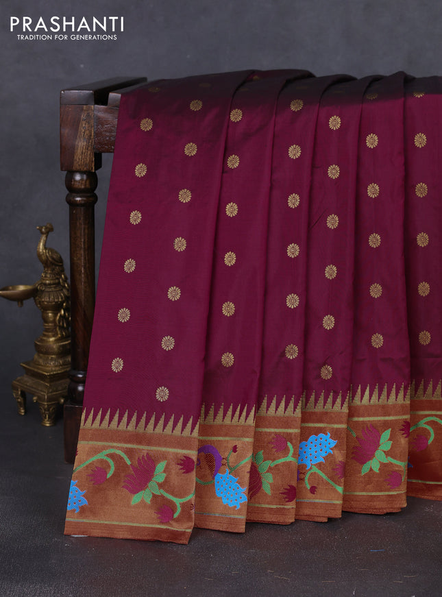 Pure paithani silk saree dark magenta pink and red with allover zari woven floral buttas and paithani weaving pallu