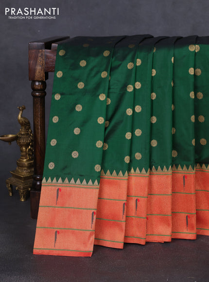 Pure paithani silk saree dark green and red with allover zari woven floral buttas and zari woven muniya butta border
