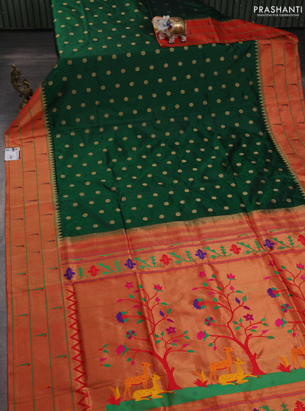 Pure paithani silk saree dark green and red with allover zari woven floral buttas and zari woven muniya butta border