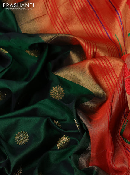 Pure paithani silk saree dark green and red with allover zari woven floral buttas and zari woven muniya butta border