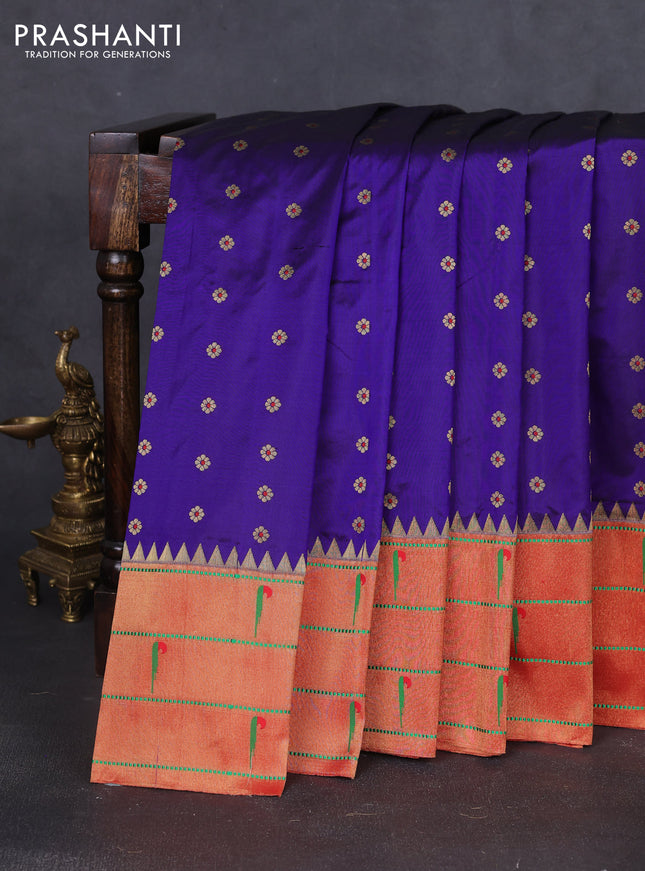 Pure paithani silk saree blue and red with allover zari woven floral buttas and zari woven muniya butta border