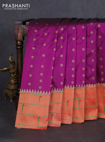 Pure paithani silk saree purple and red with allover zari woven floral buttas and zari woven muniya butta border