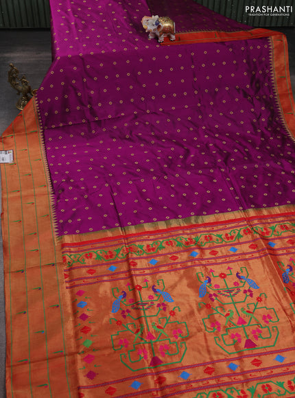 Pure paithani silk saree purple and red with allover zari woven floral buttas and zari woven muniya butta border