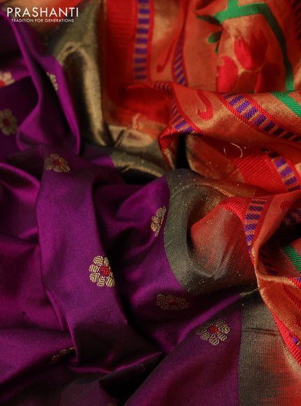 Pure paithani silk saree purple and red with allover zari woven floral buttas and zari woven muniya butta border