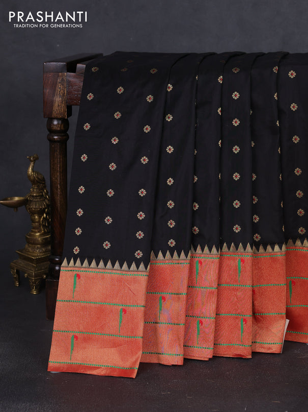Pure paithani silk saree black and red with allover zari woven floral buttas and zari woven muniya butta border