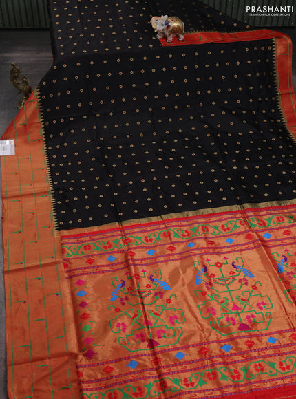 Pure paithani silk saree black and red with allover zari woven floral buttas and zari woven muniya butta border