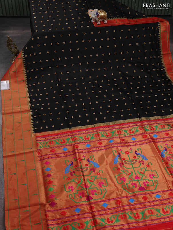 Pure paithani silk saree black and red with allover zari woven floral buttas and zari woven muniya butta border