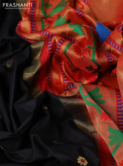 Pure paithani silk saree black and red with allover zari woven floral buttas and zari woven muniya butta border