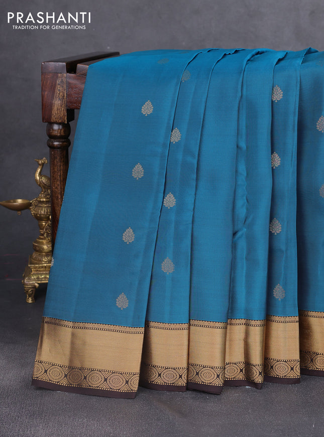 Kanchipuram silk saree teal blue and coffee brown with zari woven buttas and zari woven border