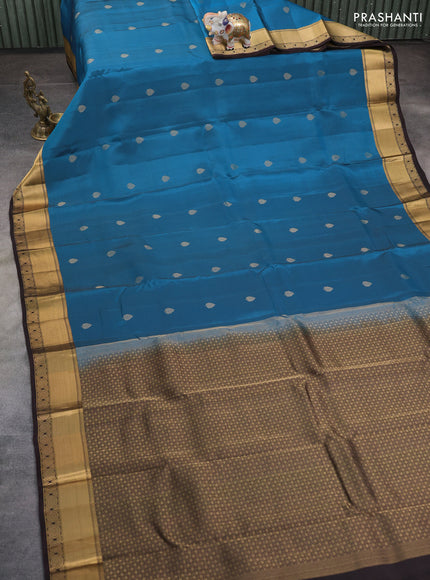 Kanchipuram silk saree teal blue and coffee brown with zari woven buttas and zari woven border