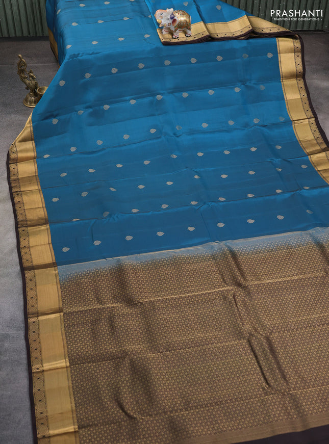 Kanchipuram silk saree teal blue and coffee brown with zari woven buttas and zari woven border