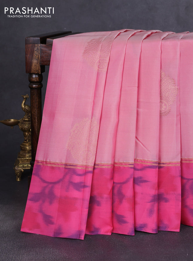 Kanchipuram silk saree peach pink and pink with copper zari woven buttas and copper ikat woven border