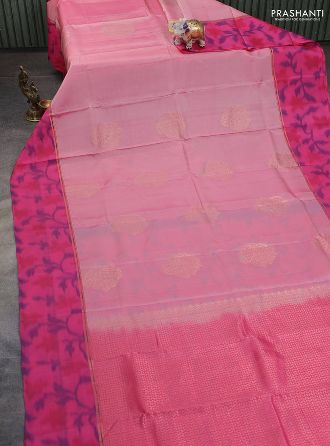Kanchipuram silk saree peach pink and pink with copper zari woven buttas and copper ikat woven border
