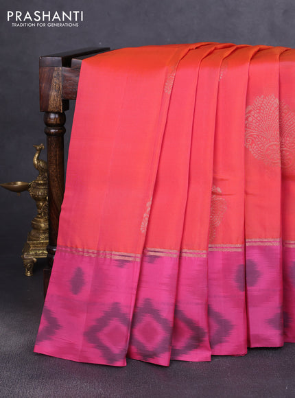 Kanchipuram silk saree orange and pink with copper zari woven buttas and copper ikat woven border