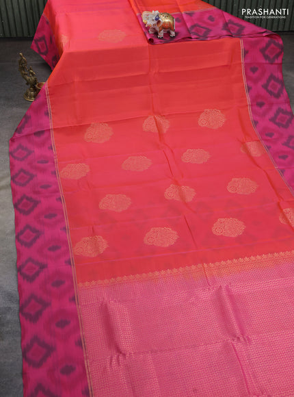 Kanchipuram silk saree orange and pink with copper zari woven buttas and copper ikat woven border