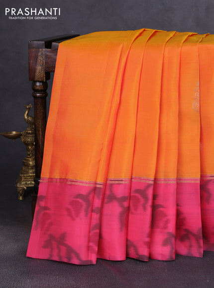 Kanchipuram silk saree orange and peach pink with copper zari woven buttas and copper ikat woven border