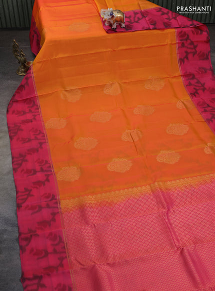 Kanchipuram silk saree orange and peach pink with copper zari woven buttas and copper ikat woven border