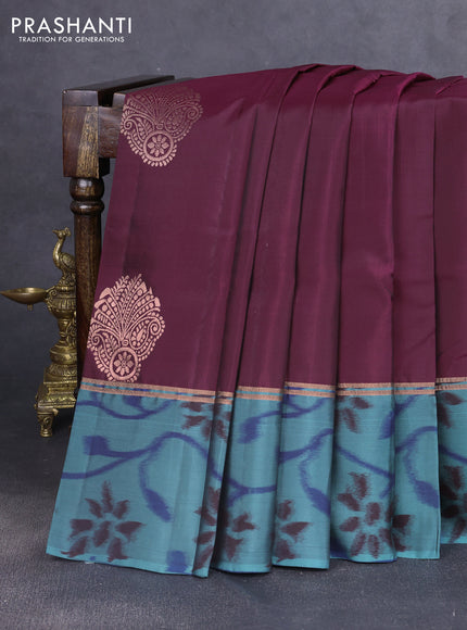 Kanchipuram silk saree maroon and pastel shade of blue with copper zari woven buttas and copper ikat woven border