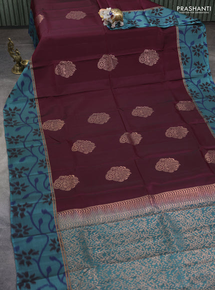 Kanchipuram silk saree maroon and pastel shade of blue with copper zari woven buttas and copper ikat woven border