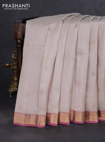 Kanchipuram silk saree beige and pink with zari woven buttas and zari woven border