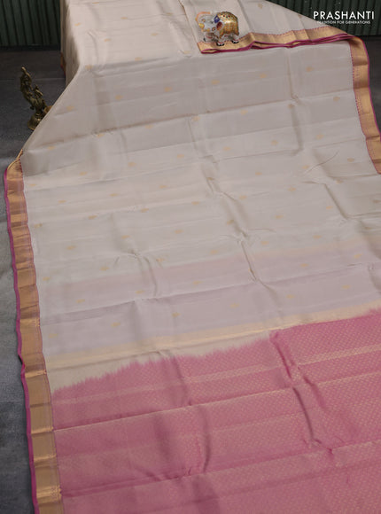 Kanchipuram silk saree beige and pink with zari woven buttas and zari woven border