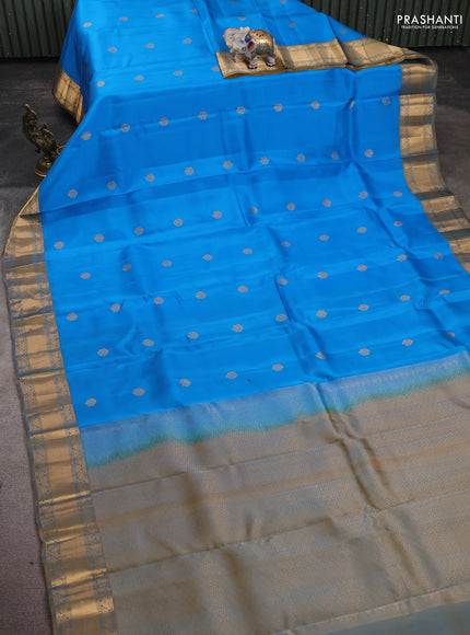 Kanchipuram silk saree cs blue and mehendi green with zari woven buttas and zari woven korvai border