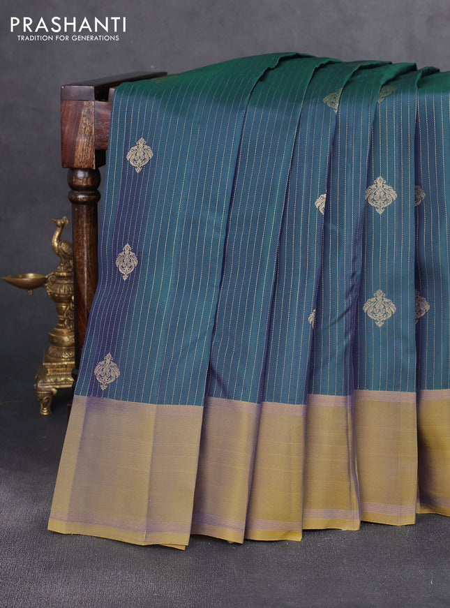 Kanchipuram silk saree bottle green and mehendi green with allover zari strips pattern & buttas and rettapet zari woven border