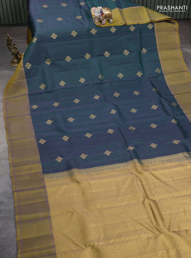 Kanchipuram silk saree bottle green and mehendi green with allover zari strips pattern & buttas and rettapet zari woven border