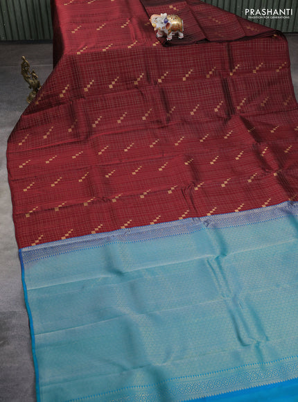 Kanchipuram silk saree maroon and teal green with allover zari checks & buttas in borderless style