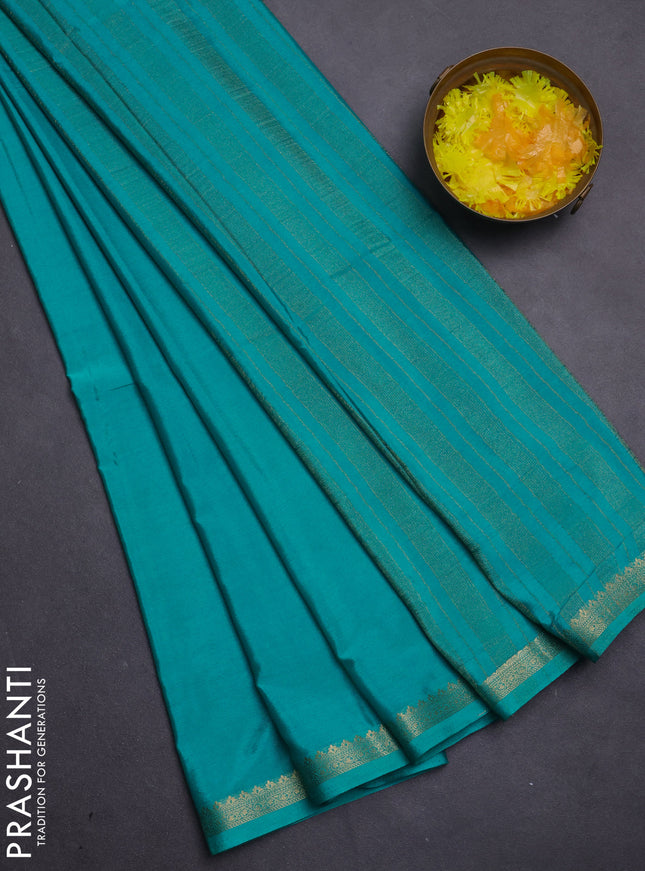 Semi mysore silk saree teal blue with plain body and zari woven border