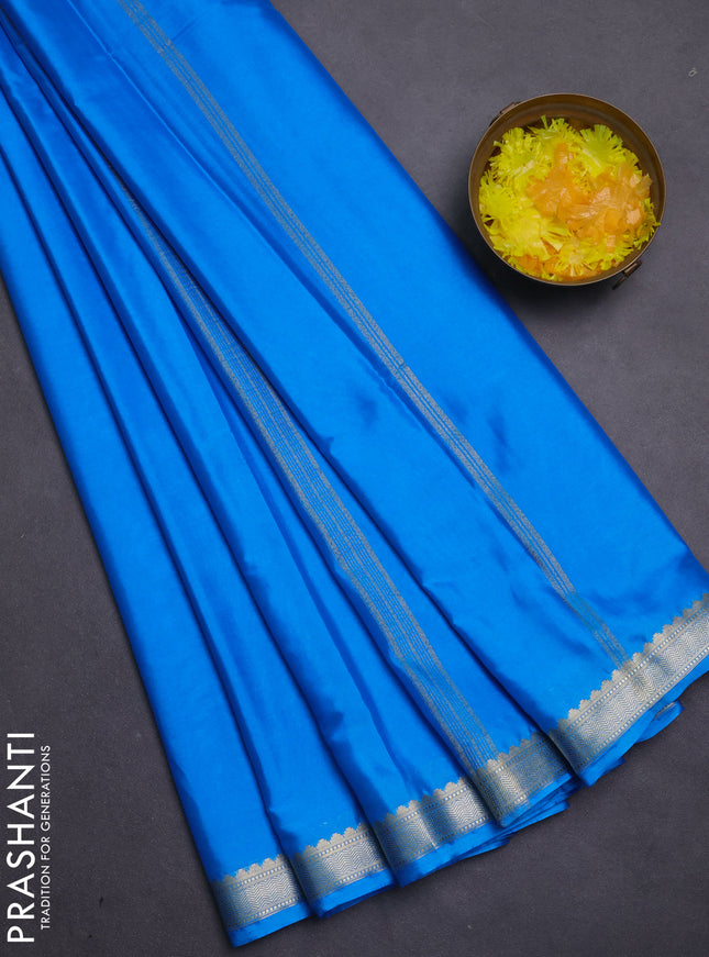 Semi mysore silk saree cs blue with plain body and zari woven border