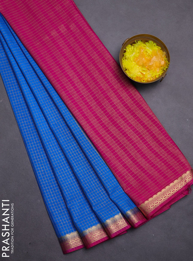 Semi mysore silk saree cs blue and pink with allover zari checked pattern and zari woven border