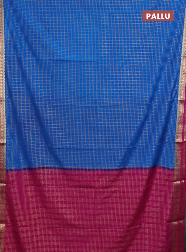 Semi mysore silk saree cs blue and pink with allover zari checked pattern and zari woven border